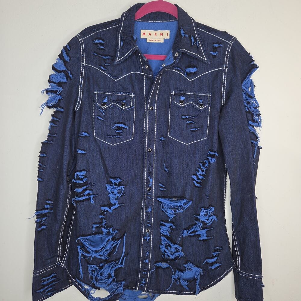 MARNI Distressed Denim Western Shirt Mens 48 M Blue Destroyed Italy